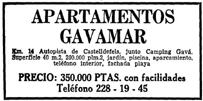 Anunci dels apartaments GAVAMAR de Gav Mar publicat al diari LA VANGUARDIA (22 de Juny de 1965)
